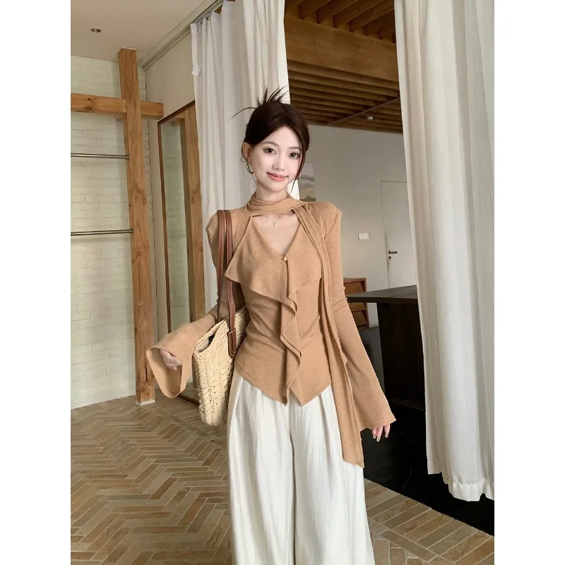 

Gentle and Relaxing Unique Design Ribbon V-neck Long-sleeved T-shirt for Women Autumn 2025 Slim Fit Top