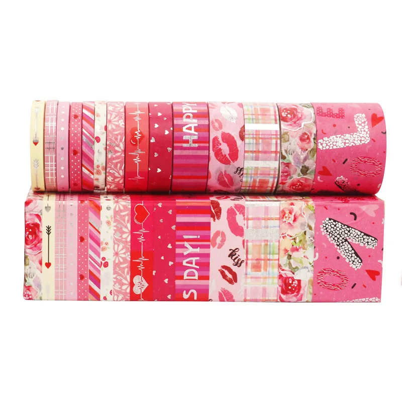 

Набор лент васи на тему Дня святого Валентина, серебряные сердечки и цветочные узоры, материалы для украшения подарков для блокнота «сделай сам»