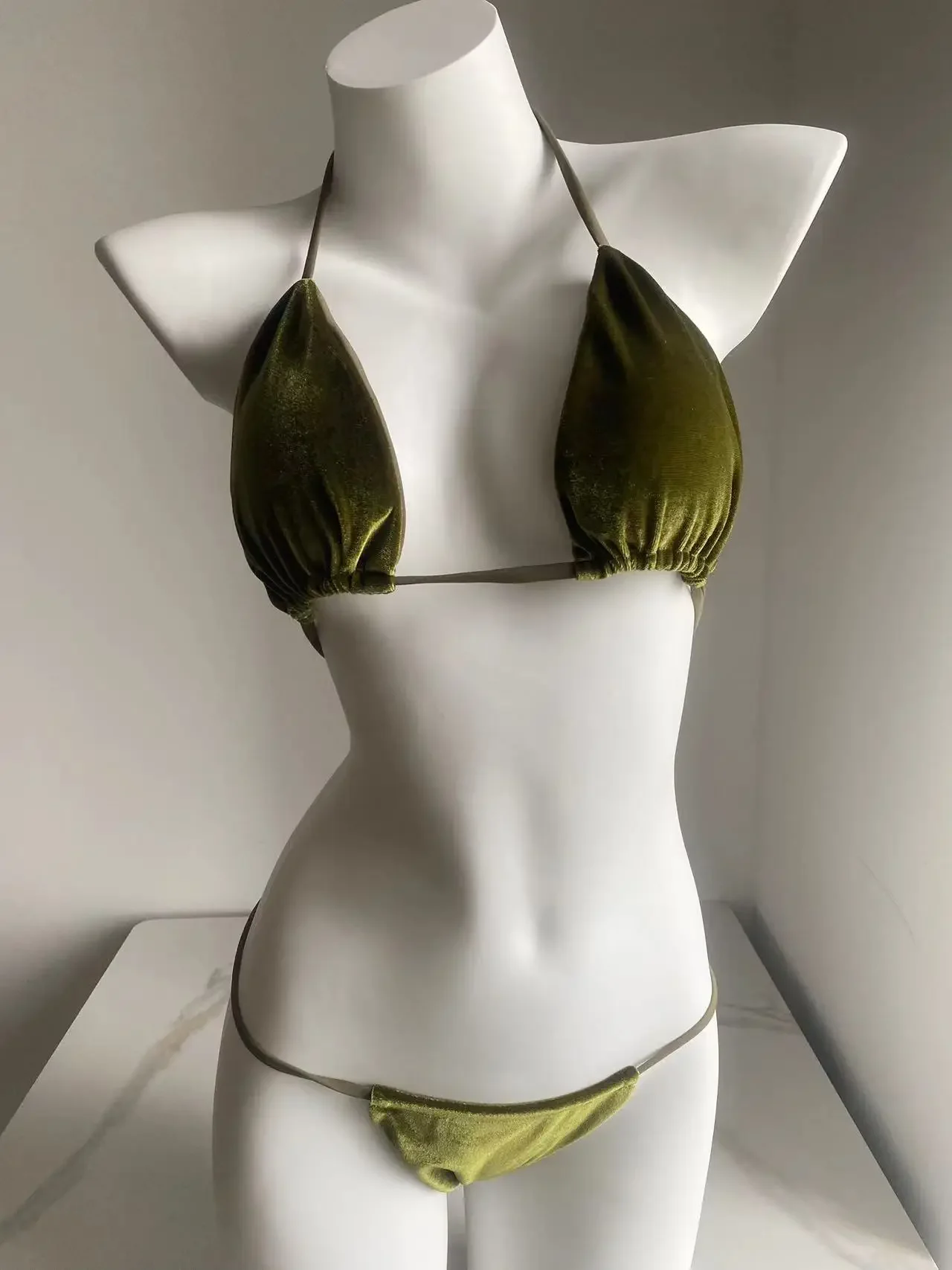 

2024 Velvet Bikinis Set Drawstring Halter Women Dark Green Swimsuit Brazilian Swimwear Sea Beach High Waist Bathing Suit Biquini