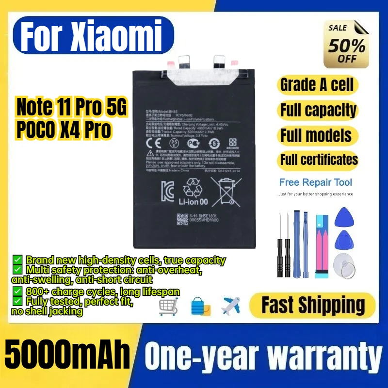 BN5E for Xiaomi Redmi Note 11 Pro 5G/POCO X4 Pro Phone Battery High Capacity Battery Replacement Bateria Grade A Cell with Tools