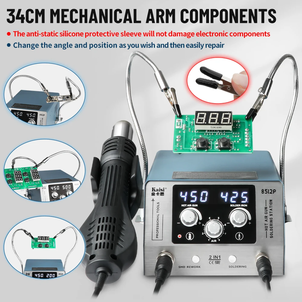 Kaisi 8512P Soldering Station 700W 2 in 1 Mechanical Arm Hot Air Rework Station T12 Soldering Iron Tip  BGA Repair Welding Tools