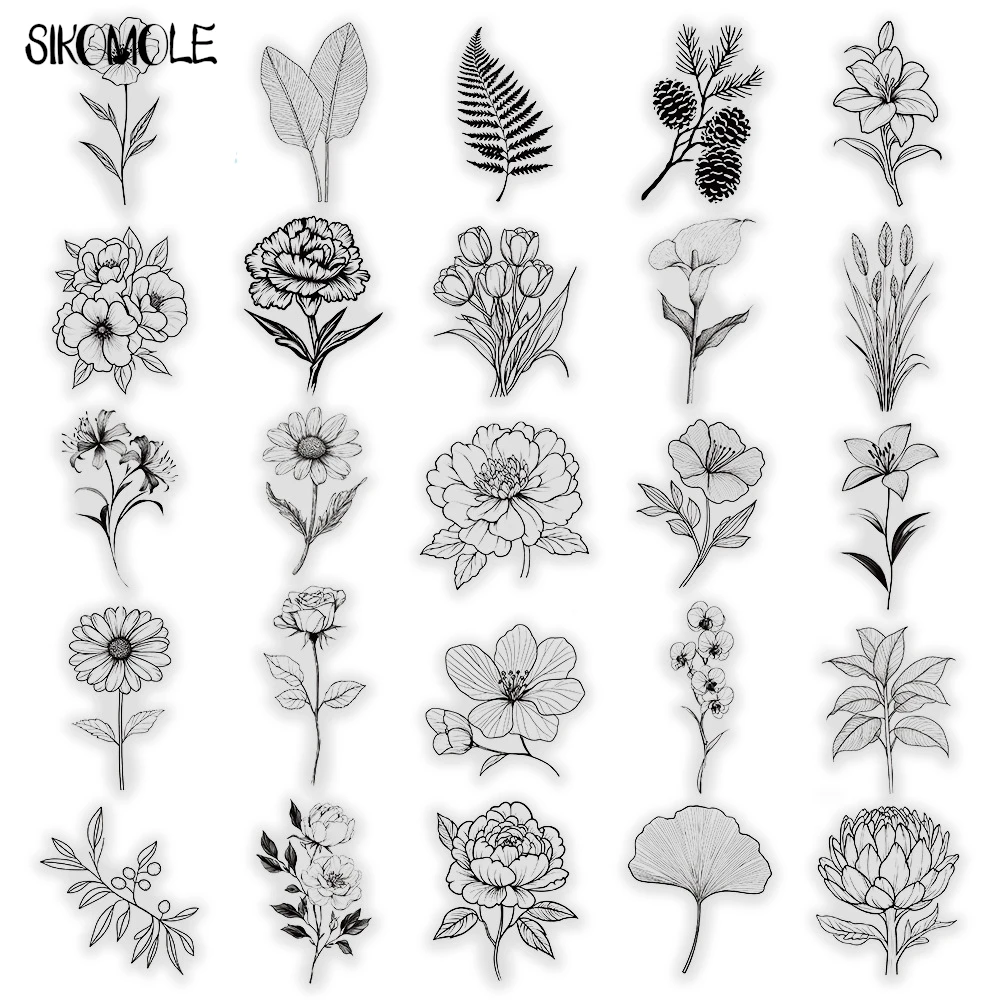 50PCS สีดําและสีขาวพืชโปร่งใสหมึกดอกไม้ Graffiti หนังสือสติกเกอร์ INS DIY ไดอารี่ตกแต่งบัญชีสเก็ตบอร์ดสติกเกอร์