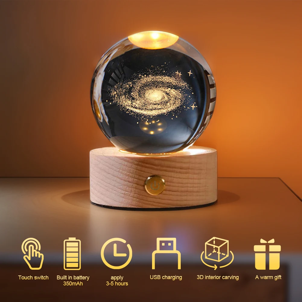 Imagem -03 - Crystal Ball Night Lamp com Sensor de Toque Usb Recarregável Lâmpada Espacial Astronômica Presentes de Aniversário para Meninos e Meninas Decorativos 350mah 3d