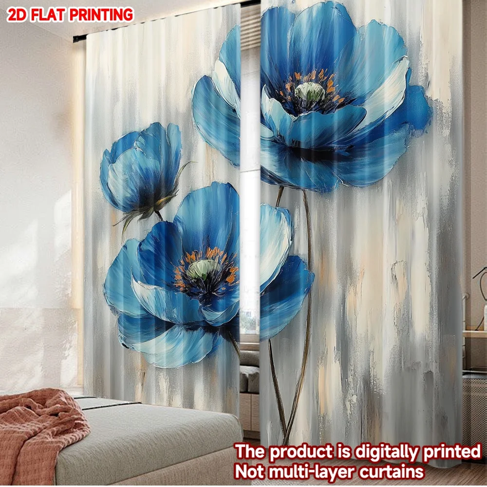 

2D плоская печать, 2 шт. штор с синими цветами, цифровая печать, полиэстер, украшение для семейных праздников, идеально подходит для праздников