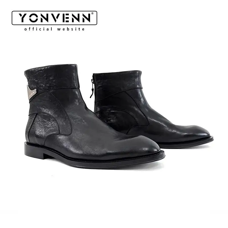 Diagonal cut retro high-heeled vibe Vibe slender streamlined pointed short leather boots high top Chelsea boots for men