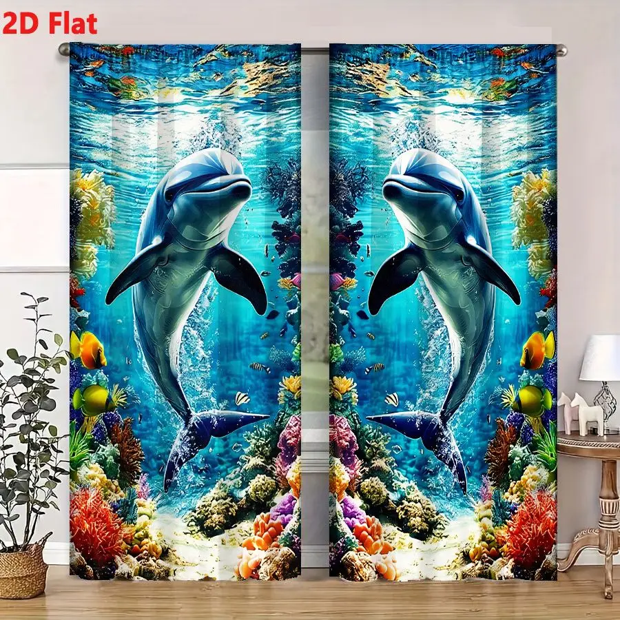2Pcs Curtains 2D Flat Vibrant Underwater Scene With Two Symmetrical Dolphins Swimming Above Colorful Coral Reef And Tropical Fis 4