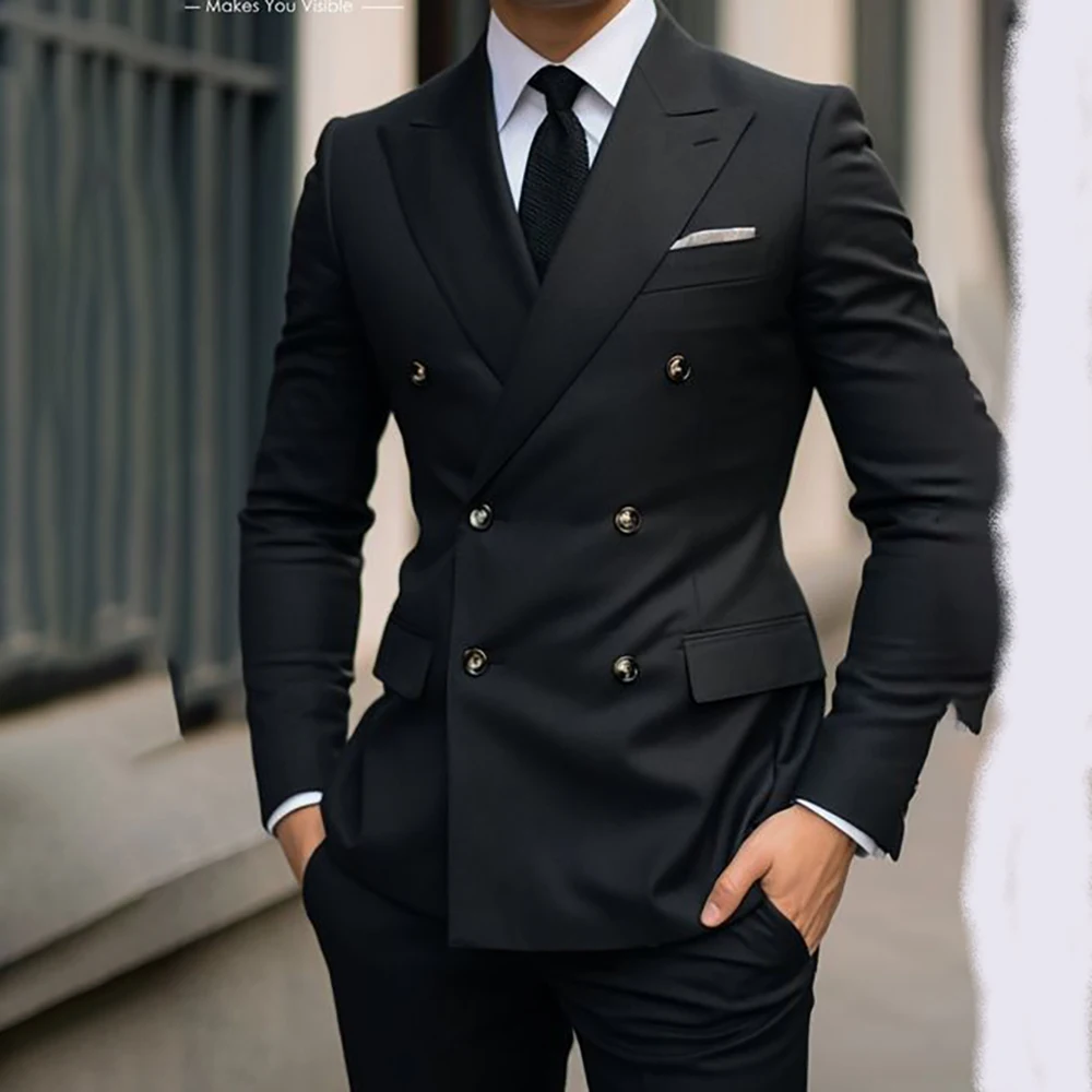 

Elegant Black Men Suits Double Breasted Business Blazer Fashion Flim Fit 2 Piece Jacket Pants Costume Homme Pour Mariage