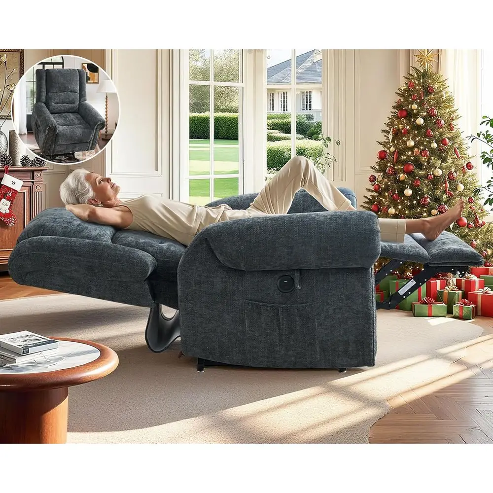 كرسي بمحرك مزدوج لكبار السن مع حرارة، تدليك، منافذ USB، رمادي أزرق شانيل #1