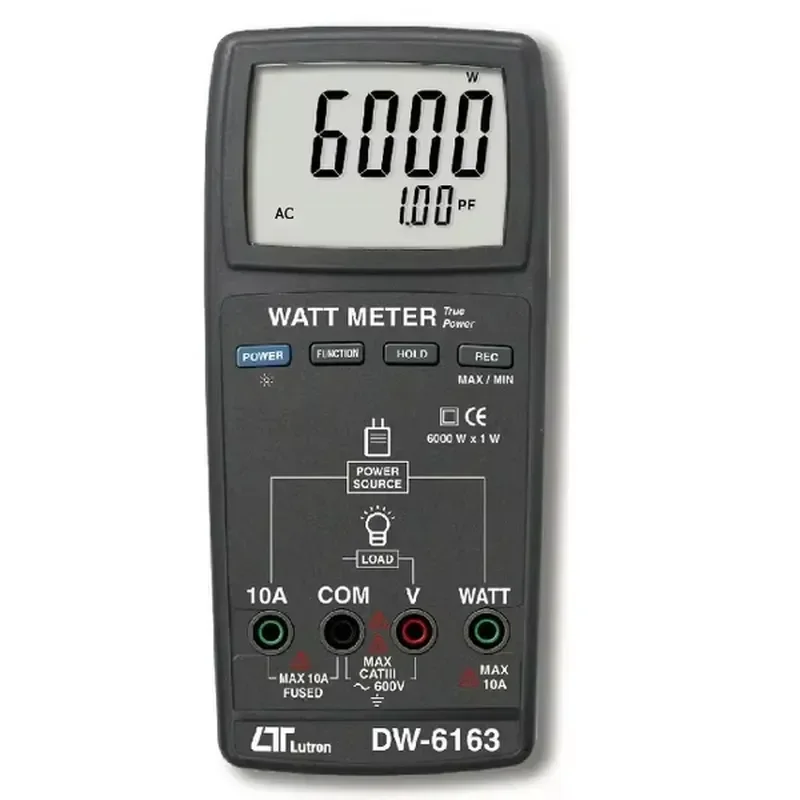 Medidor de Potência Lutron DW-6163, Analisador True RMS, Testador AC 6000W 10A 600V, Medidor de Fator de Potência 50/60Hz com Retenção de Dados e Máx/Mín
