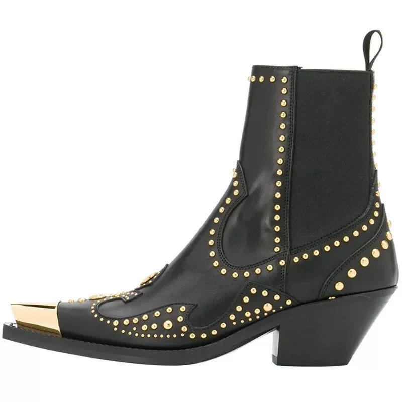 Women's Thick Soled Chelsea Boots Western Ankle Boots Black White Gold Studded Metal Pointed Toe Block Heel Booties Rock Shoes