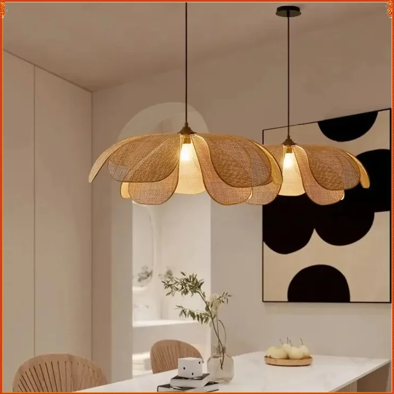 

Japanese Rattan Flower Petal Chandelier Lights Unique Lustre Handmade Woven Pendant Lamp Bedroom Living Room Tea Room Fixture