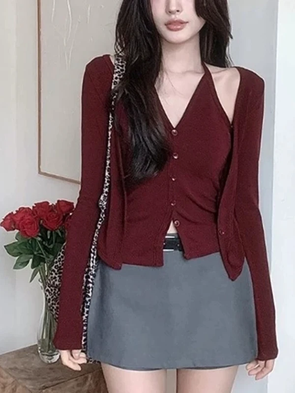 Red Long Sleeve Neck Hanging Design Slim Fit T-Shirt Women's Autumn Fashionable Base Layer Top High Waist Knitted Cotton Blend