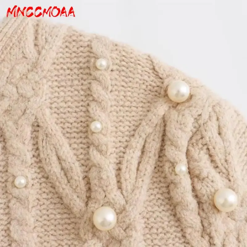 MNCCMOAA-Knitted Cardigan for Women, Long Sleeve, Faux Pearl, Short Sweaters, Jacket Coat, Female Fashion, Autumn, Winter, 2024