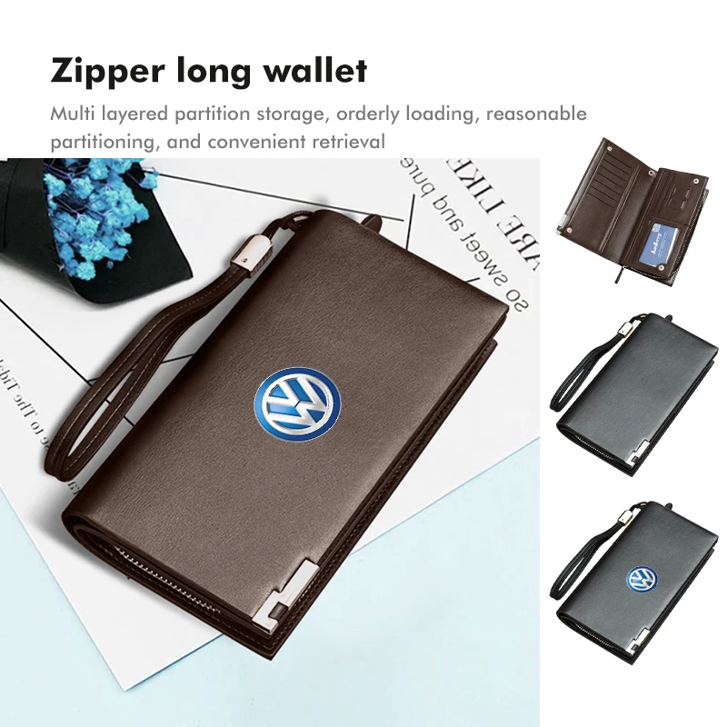 Car Leather Wallet Credit Card ID Holder Coin Zipper Purse For Volkswagen Golf 4 5 6 7 Polo Jetta Sagitar Magotan Passat B5 B6