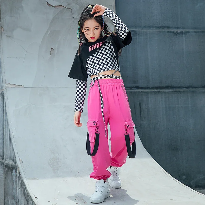 Cargo Pants Jazz Performance Rave Wear Street Dance Costume Children Hip Hop Dance Clothes Lattice Tops For Girls Casual