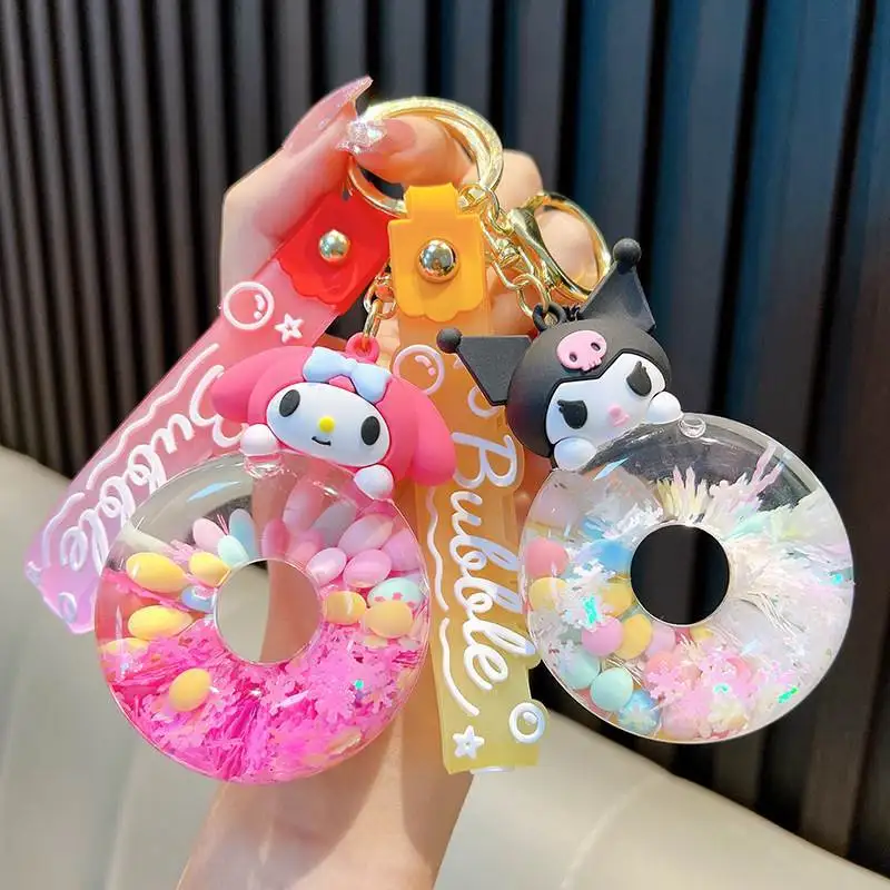 New cute Sanrio Donut Kuromi Cinnamoroll Hello Kitty keychain Acrylic Quicksand Bottle Cartoon Doll Bell Backpack Pendant Gift