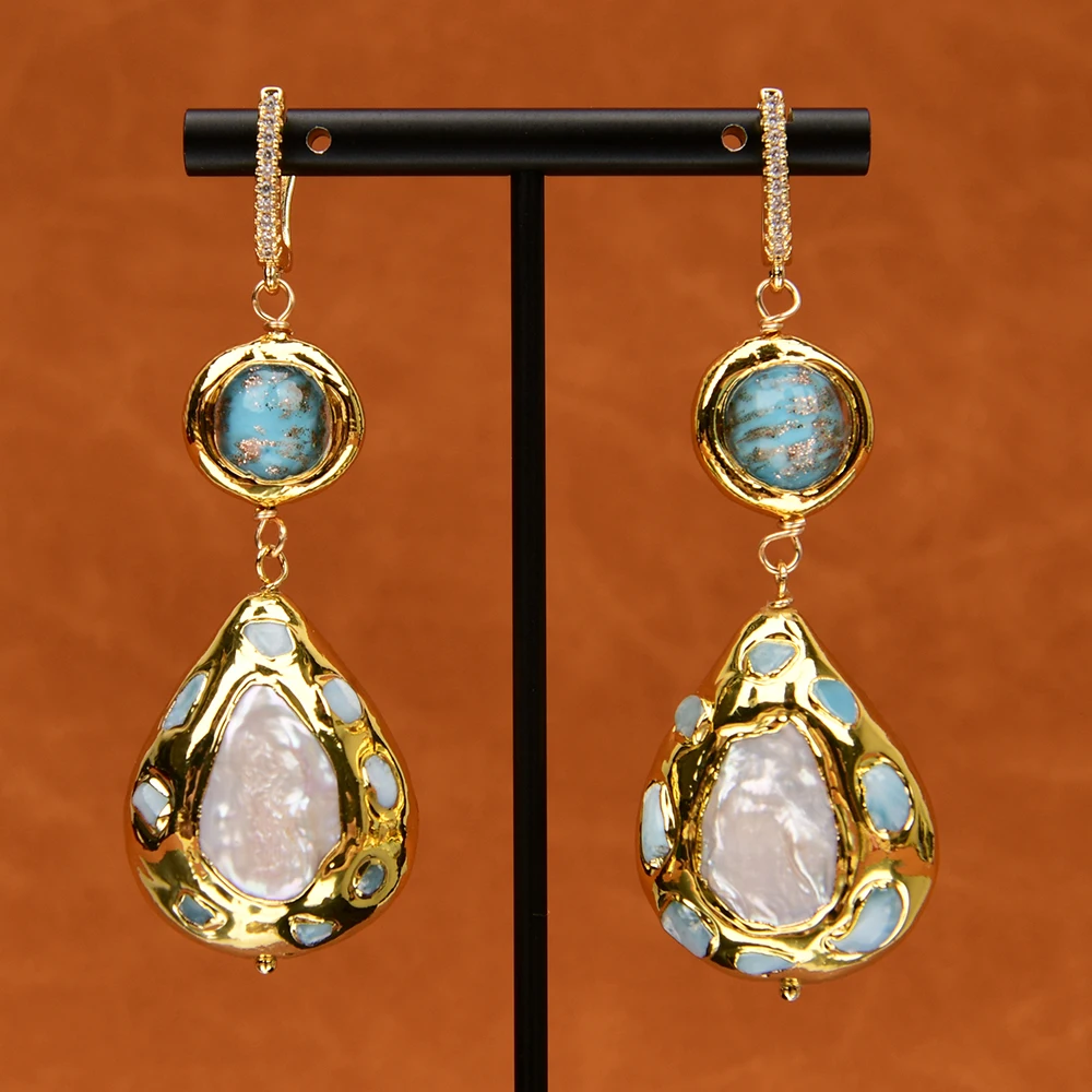 GG Cultured White Pearl Teardrop Shape Blue Larimar Pave Blue Murano Glass Dangle Earrings