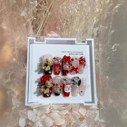 Press On Nails Make Handmade Christmas Elements Cartoon Cute Bear Bow Elk Red Festive New Year Removable Reusable Fake Nails