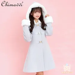 Japanese Sc Winter New Sweet Girl Ribbon Removable Hooded Jacket Mine Series Mass Production Slim Cute Long Lolita Woolen Coat