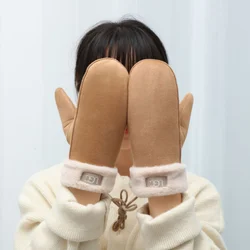Winter Suede Gloves for Women Warm Thickened Fleece Halter Gloves Faux Fur Suede Leather Gloves Outdoor Cold Protection Mittens