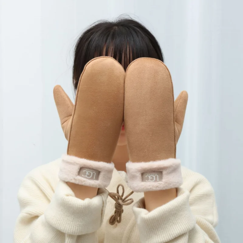 Winter Suede Gloves for Women Warm Thickened Fleece Halter Gloves Faux Fur Suede Leather Gloves Outdoor Cold Protection Mittens