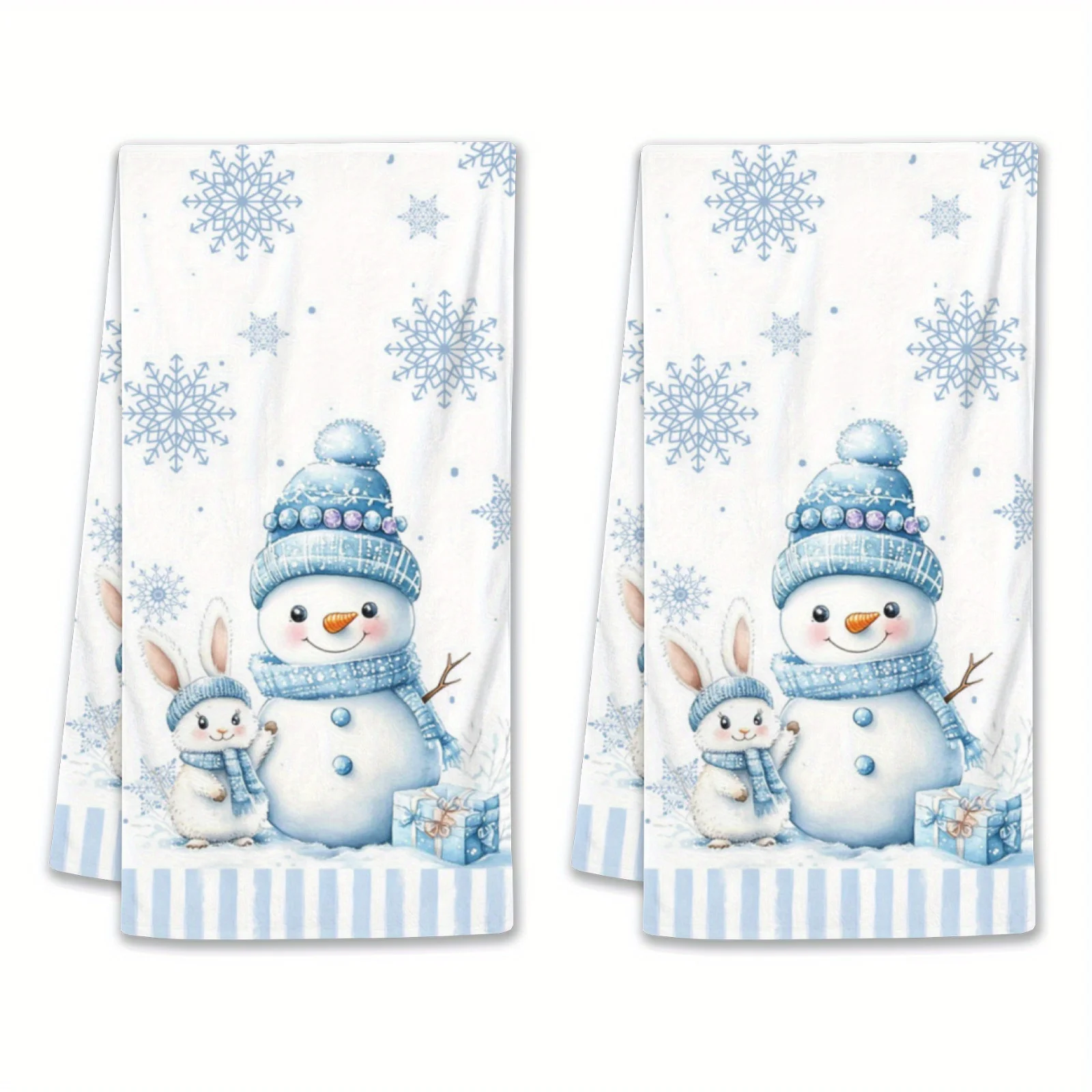 2Pcs Christmas bathroom hand towel, snowflake snowman and snow rabbit design