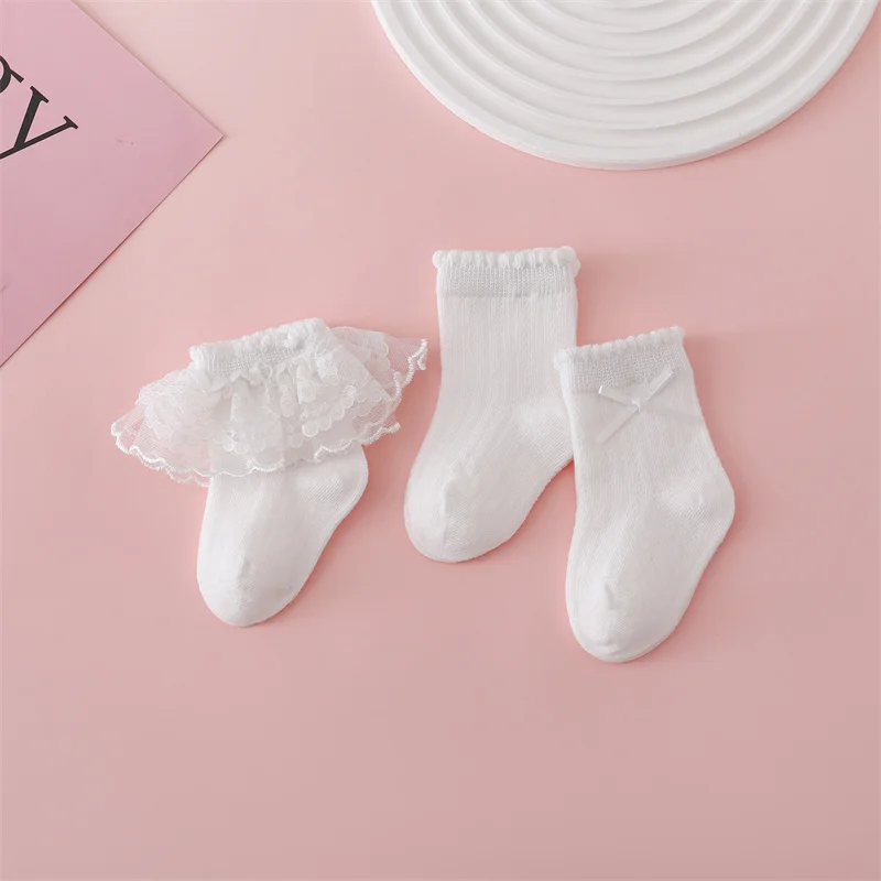 Lawadka 3Pairs/lot Newborn Socks For Baby Girls Lace Ruffle Summer Thin Toddler Children\'s Girls Socks White Princess Kids Sock