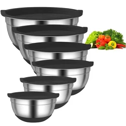 LMETJMA 6 Pcs Stainless Steel Mixing Bowls with Black Lids Kitchen Nesting Salad Mixing Bowl With Non-slip Silicone Bottom JT327