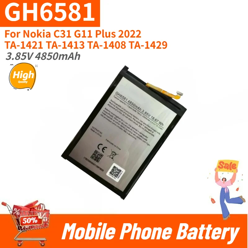 

High Quality GH6581 Phone Battery 3.85V 4850mAh For Nokia C31 G11 Plus 2022 TA-1421 TA-1413 TA-1408 TA-1429 Brand New