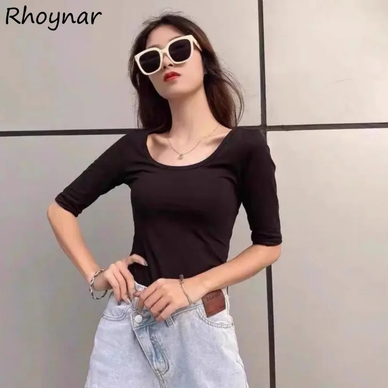 

Solid Short Sleeve T-shirts Women Summer Backless Skinny Basic Simple All-match Casual High Street Korean Style Fashion Trendy