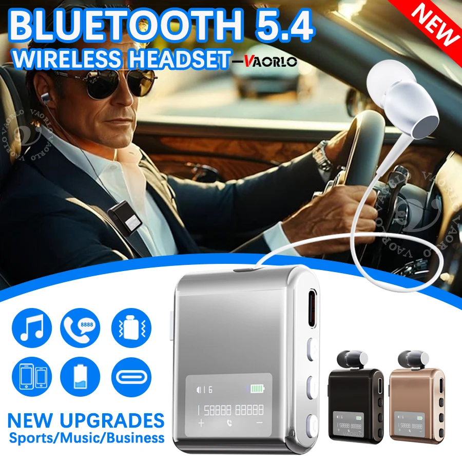 Clip-on Multi-Point Business Headset Bluetooth 5.4 Bass Wireless Headphone Voice Report+Call Vibration Reminder driving Earphone