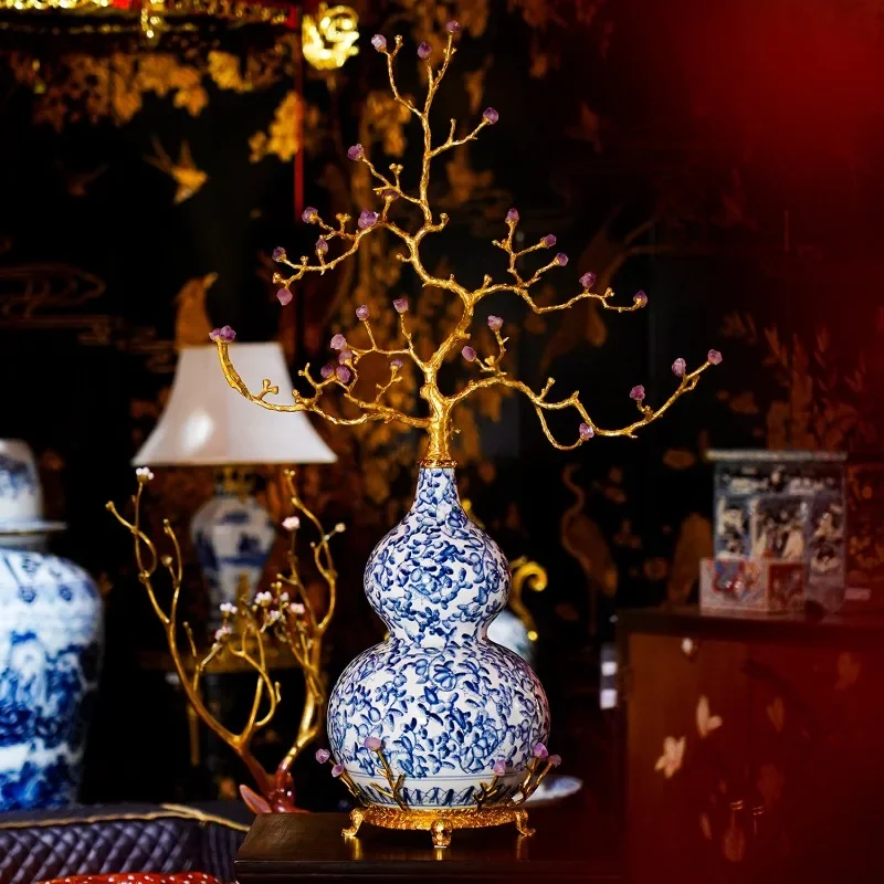 European classical porcelain inlay, copper amethyst, blue and white gourd tree, home decoration ornament