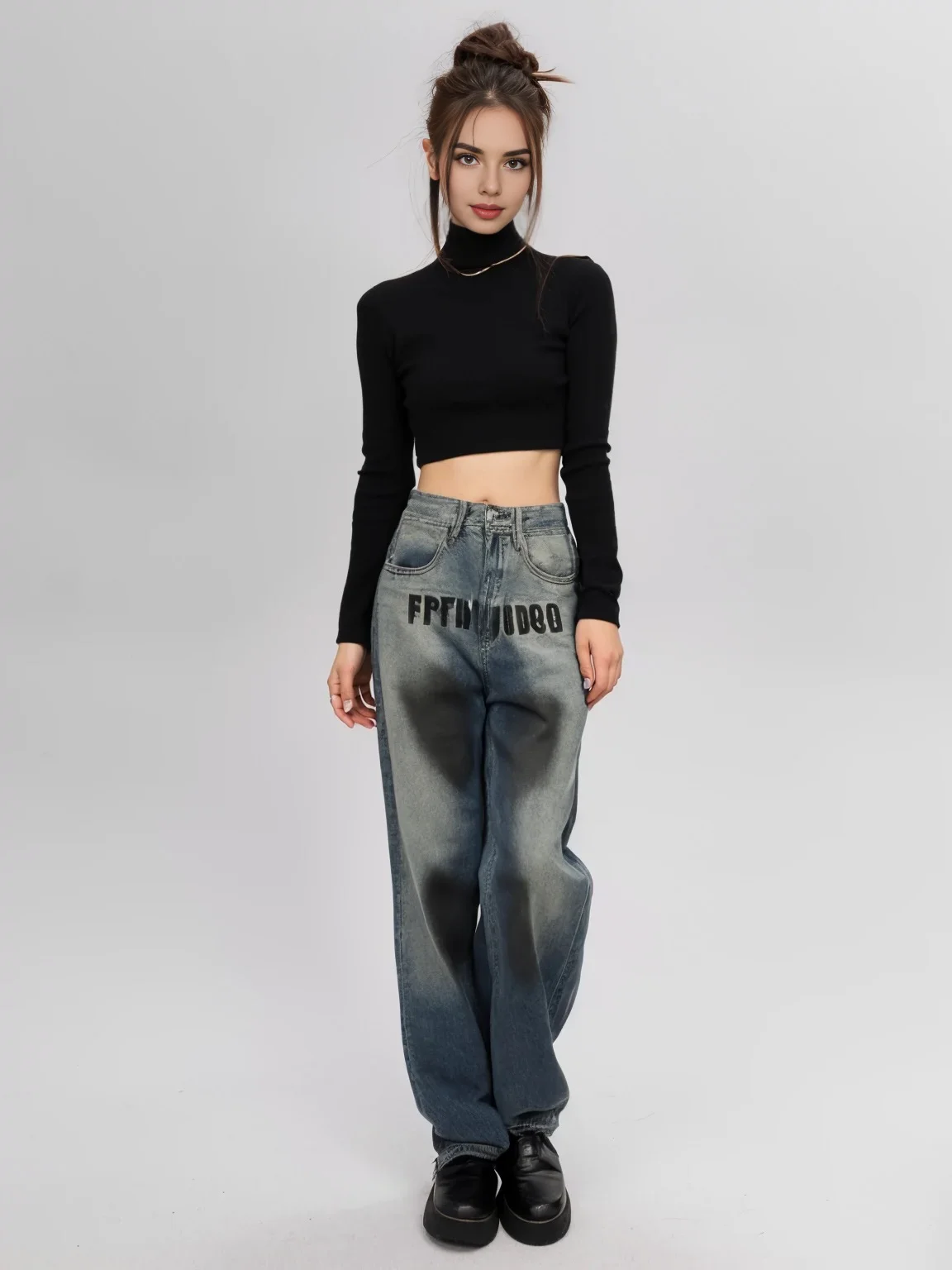 

Women Japanese 2000s Vintage Streetwear Style Graffiti Print Chic Jeans Harajuku Fashion Hip Hop Denim Pants Punk Trousers