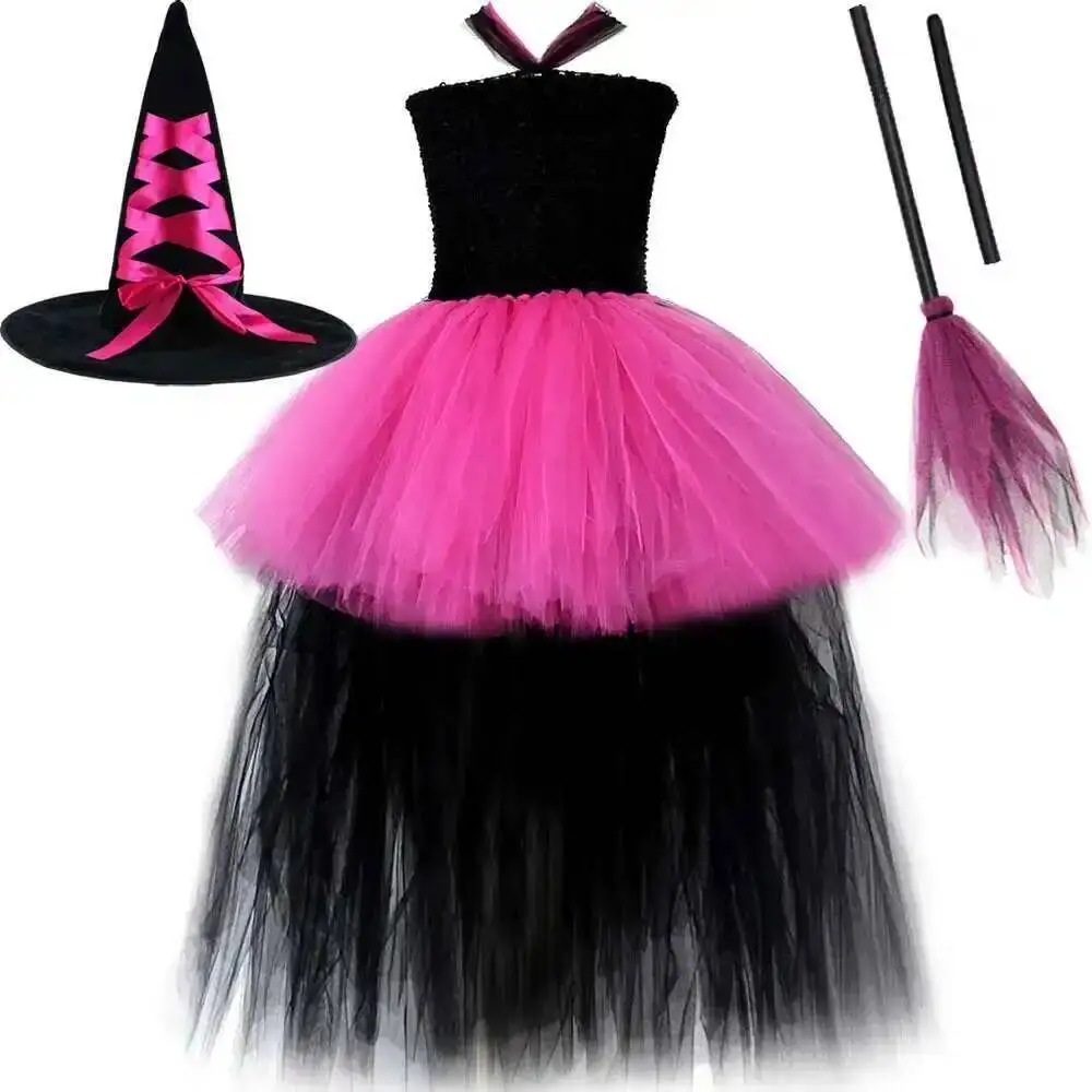

Hot Pink Black Witch Trailing Costumes for Girls High Low Halloween Tutu Dress with Hat Broom Children Carnival Party Outfits