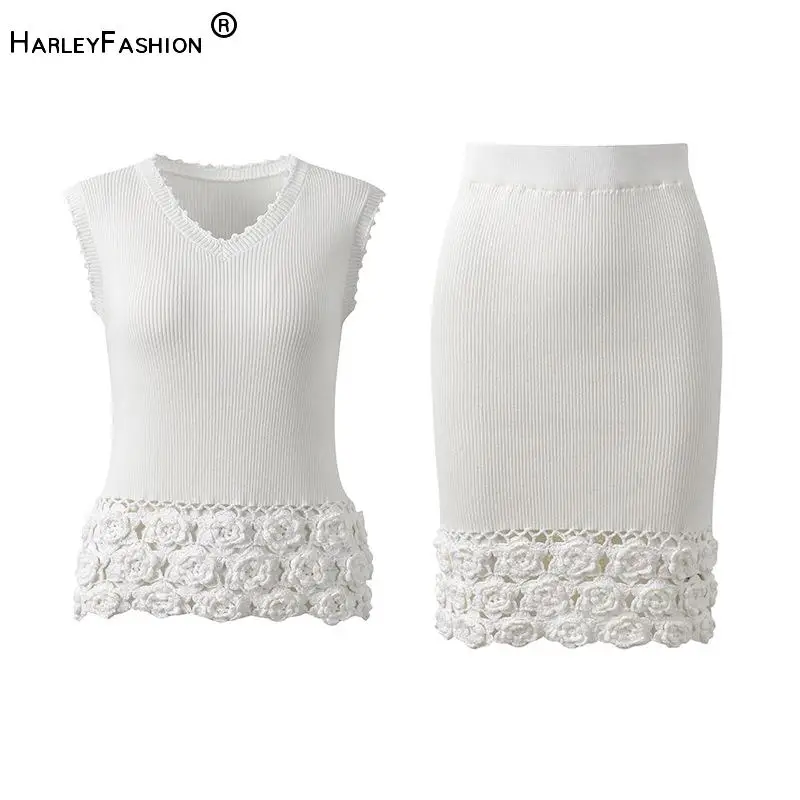 

2026 New Designed Summer Hollow Out Solid Crochet Flowers Suit V-neck Sleeveless Tops Slim Midi Skirt Women Knit 2Pcs