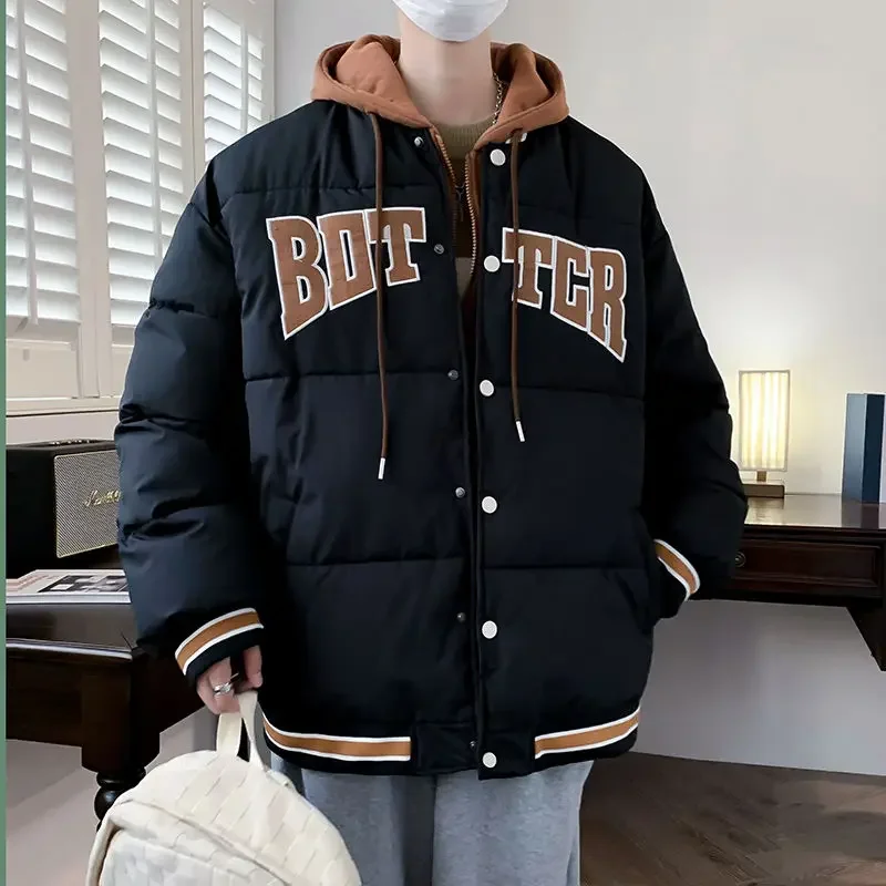 Male Loose Casual Cotton-Padded Clothes Youth Fashion 2024 Winter New Embroidered Hooded Coat All-match Large Size Men Outcoat