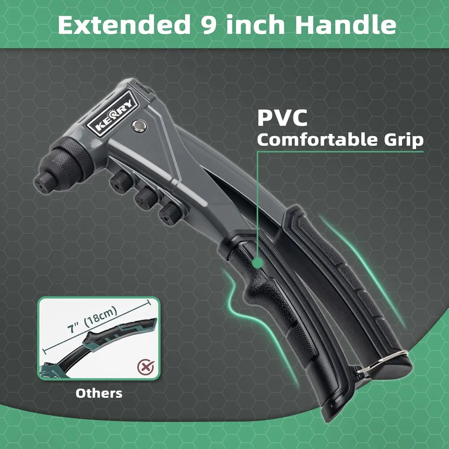 مجموعة مسدس برشام بيد واحدة، 3/32 بوصة إلى 3/16 بوصة، 4 رؤوس، 200 مسامير، مقبض ممتد