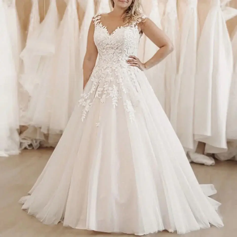 Vestidos de novia de línea a de talla grande, vestido de novia de princesa con cuello en V, apliques florales, encaje en la espalda, tren de barrido, blanco, Playa