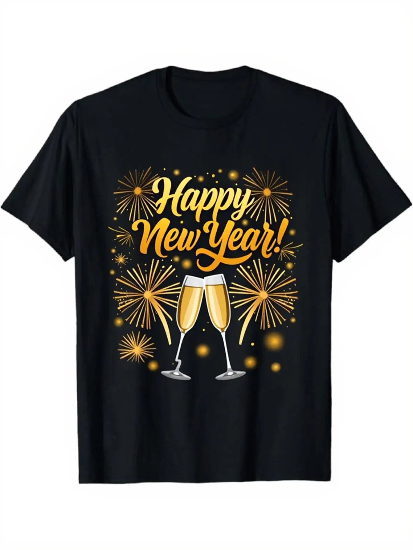 2025 NYE Champagne Camiseta - Algodón ligero unisex, letras y vasos dorados, camiseta de fiesta