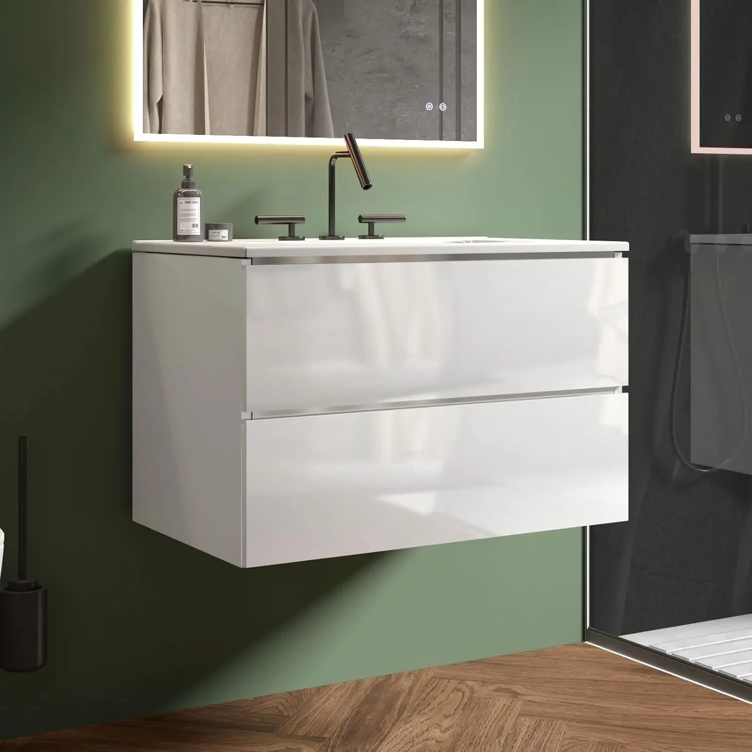 

30" Bathroom Vanity with Sink, Modern Floating Vanity with Double Soft Closing Drawers, Large Storage for Small Space, White