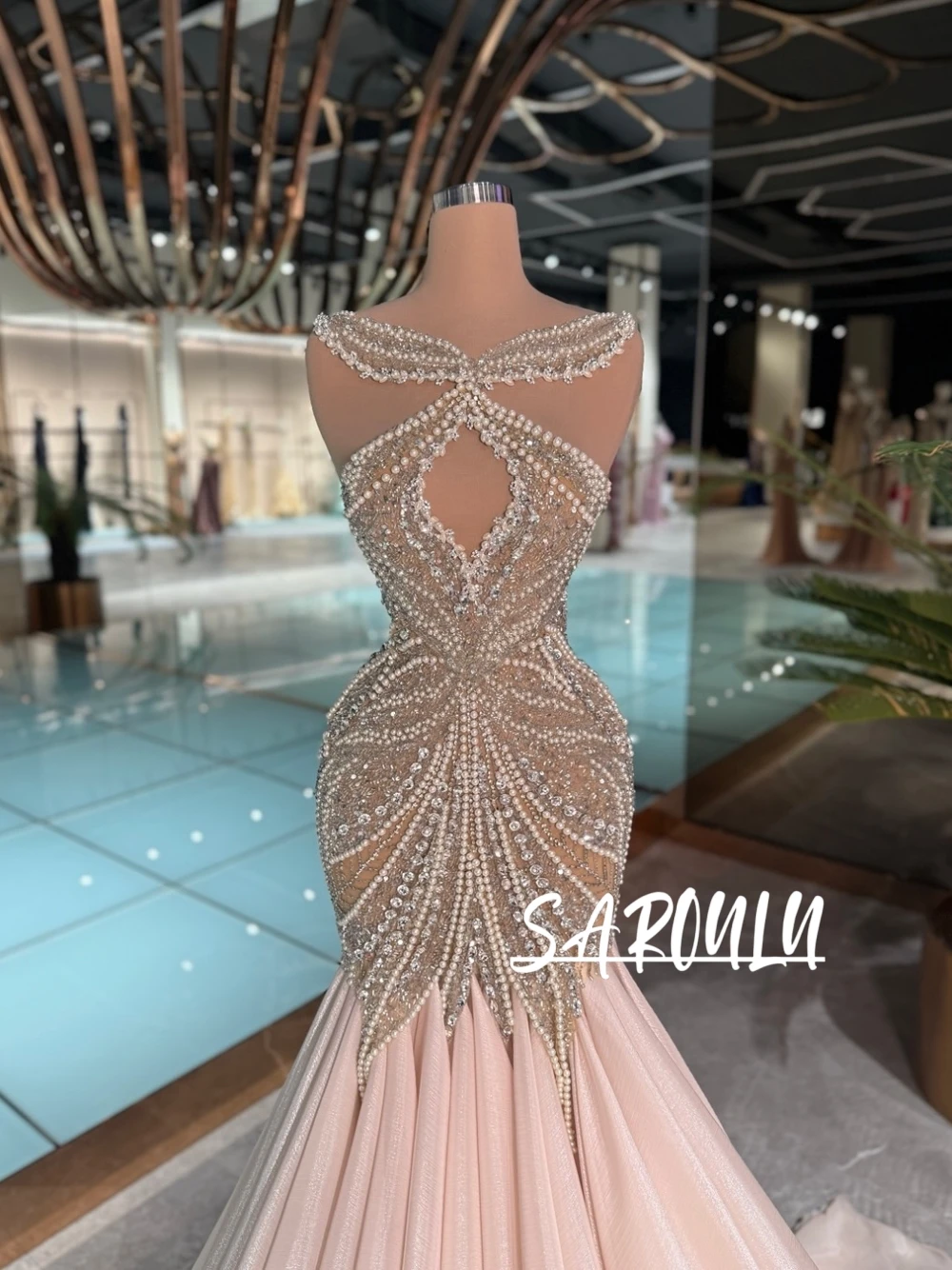

Pearls Crystals Exquisite Evening Dress Blush Pink Mermaid Customized Cocktail Gown Birthday Party Sexy Cut Out Shiny Wear