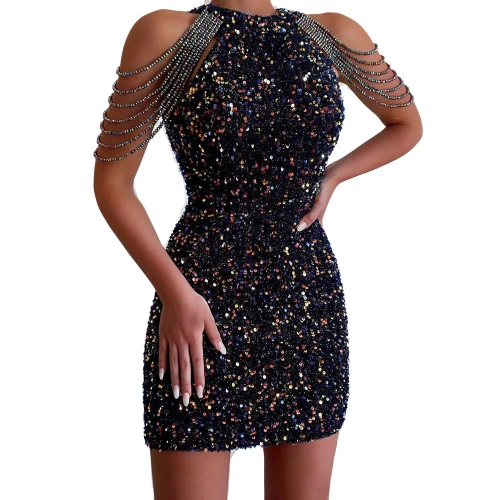 2024 Spring New Sexy Fashionable Halter Neck Off-the-shoulder Fringed Crystal Quilted Bright Sequins Dress Sleeveless