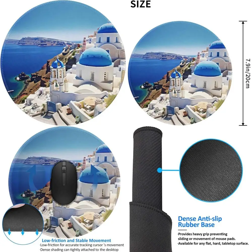 

8-дюймовый круглый игровой коврик для мыши Santorini Greek Island Scenery с противоскользящей резиновой основой и прошитыми краями
