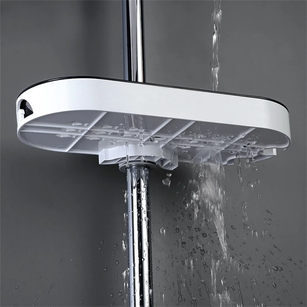 No Drill Oval Shower Shelf Plastic Soap Organizer With Fish Design For 22mm 24mm 25mm Rods Bathroom Storage Rack Black