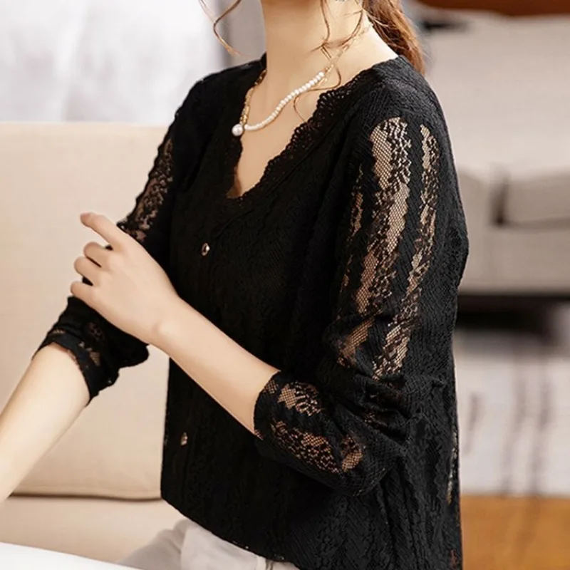 Lace Women\'s 2024 Spring and Autumn Pullover V-neck Patchwork Button Stylish Pure Color Casual Elegant Chiffon Long Sleeved Tops