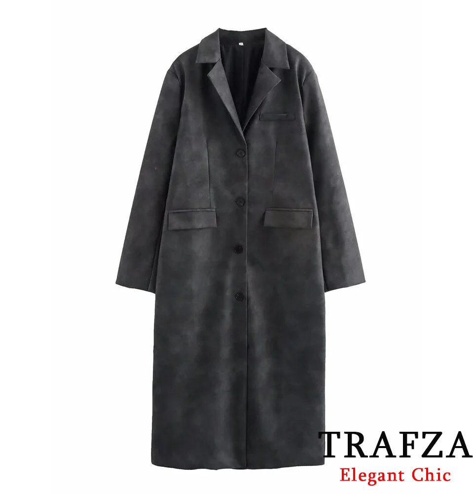 TRAFZA-Manteau Long Gris en Cuir PU pour Femme, Coupe-Vent Élégant à Revers et lèvent, Nouveauté Printemps/Automne 2025