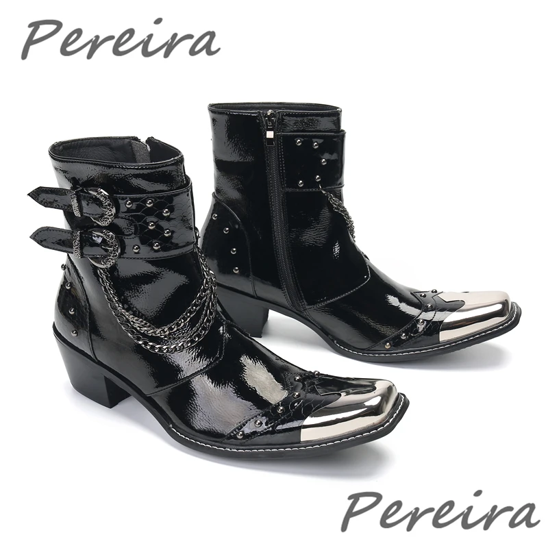 Punk Rivets Metal Chain Men Boots Double Belt Buckle Square Toe Patent Leather Chelsea Boots Luxury High Heel Party Dress Shoes