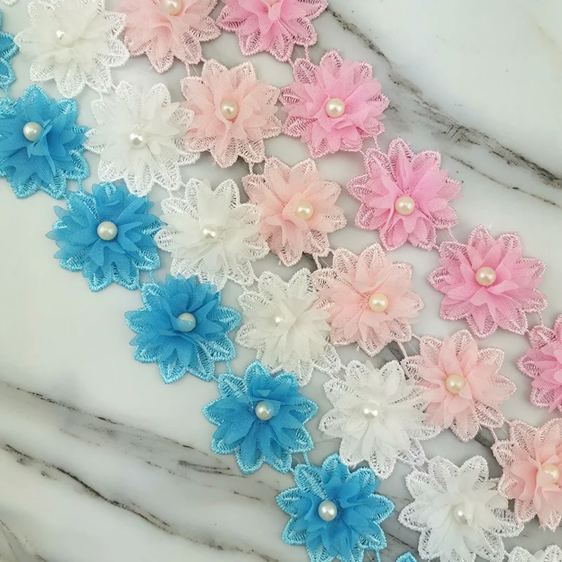 17 Flowers/roll 5cm Width 4 Colors Lace Fabric Chiffon Flowers Home Decoration Clothing Accessories Handmade DIY Crafts Lace