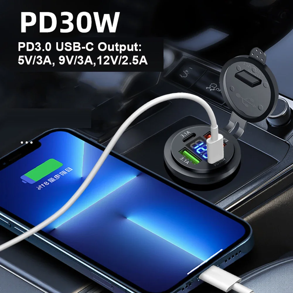 83W Max Phone Charger Socket PD30W Fast Charging 22.5W Dual USB+Type C Outlet 4 Ports Power Adapter Waterproof with Voltmeter