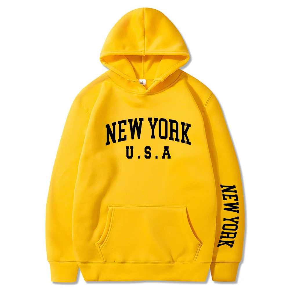 Felpa con cappuccio a maniche lunghe da uomo con stampa di lettere allegre di NEW YORK, felpa con cappuccio Pullover in caldo pile con tasca a marsupio, Casual